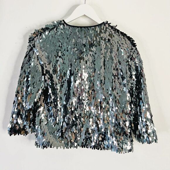 NWOT H&M Blue Rectangle Paillette Sequin Fully Lined Jacket - Picture 3 of 6